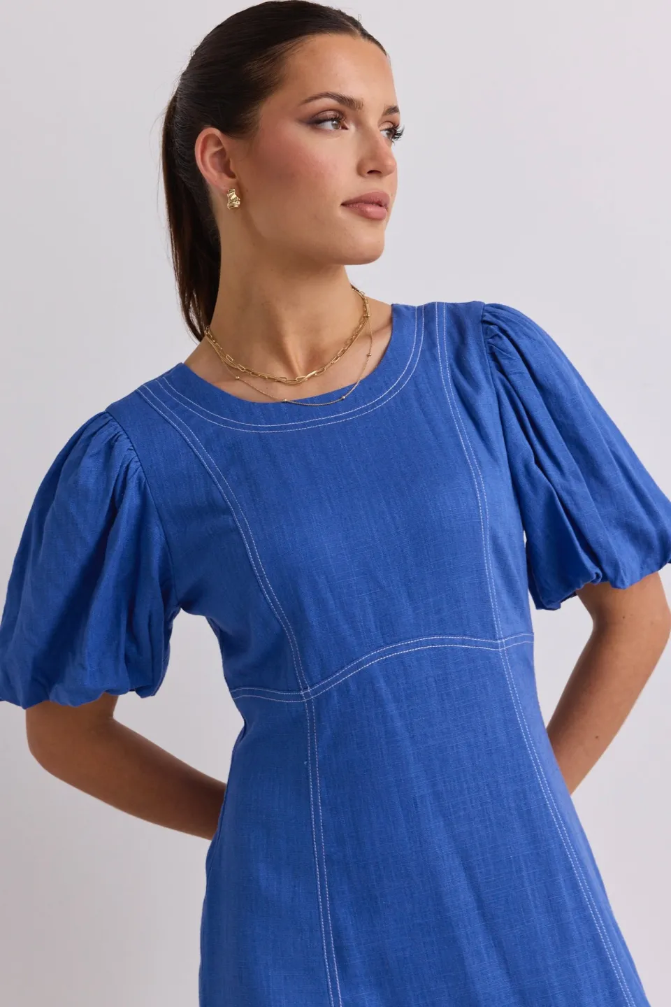 Stories be Told State Lake Blue Linen Blend SS Midi Dress