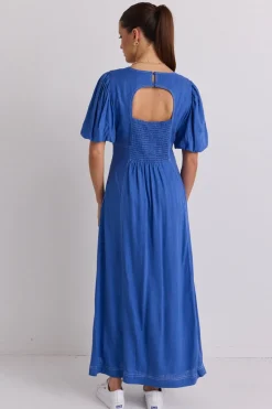 Stories be Told State Lake Blue Linen Blend SS Midi Dress