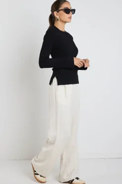 Among the Brave Stately Black LS Rib Funnel Neck Knit Top