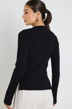 Among the Brave Stately Black LS Rib Funnel Neck Knit Top