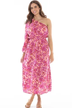 Leila + Luca Streamlined Bold Fuchsia Floral One Sleeve Midi Dress