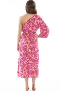 Leila + Luca Streamlined Bold Fuchsia Floral One Sleeve Midi Dress