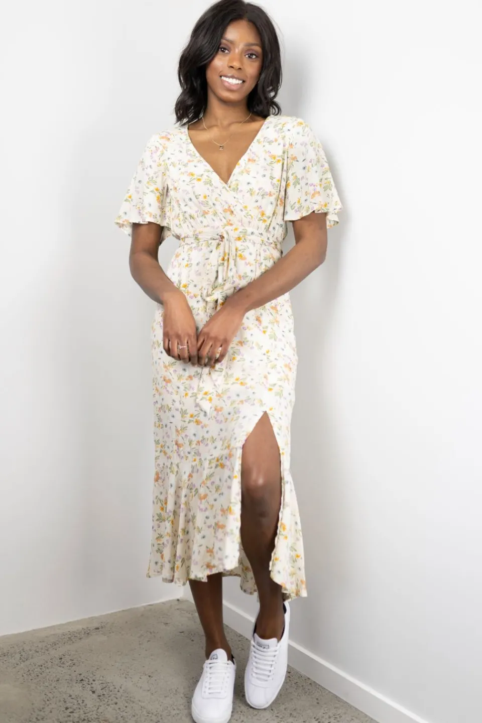 Among the Brave Striking Spring Floral Flutter Sleeve Cross Over Midi Dress