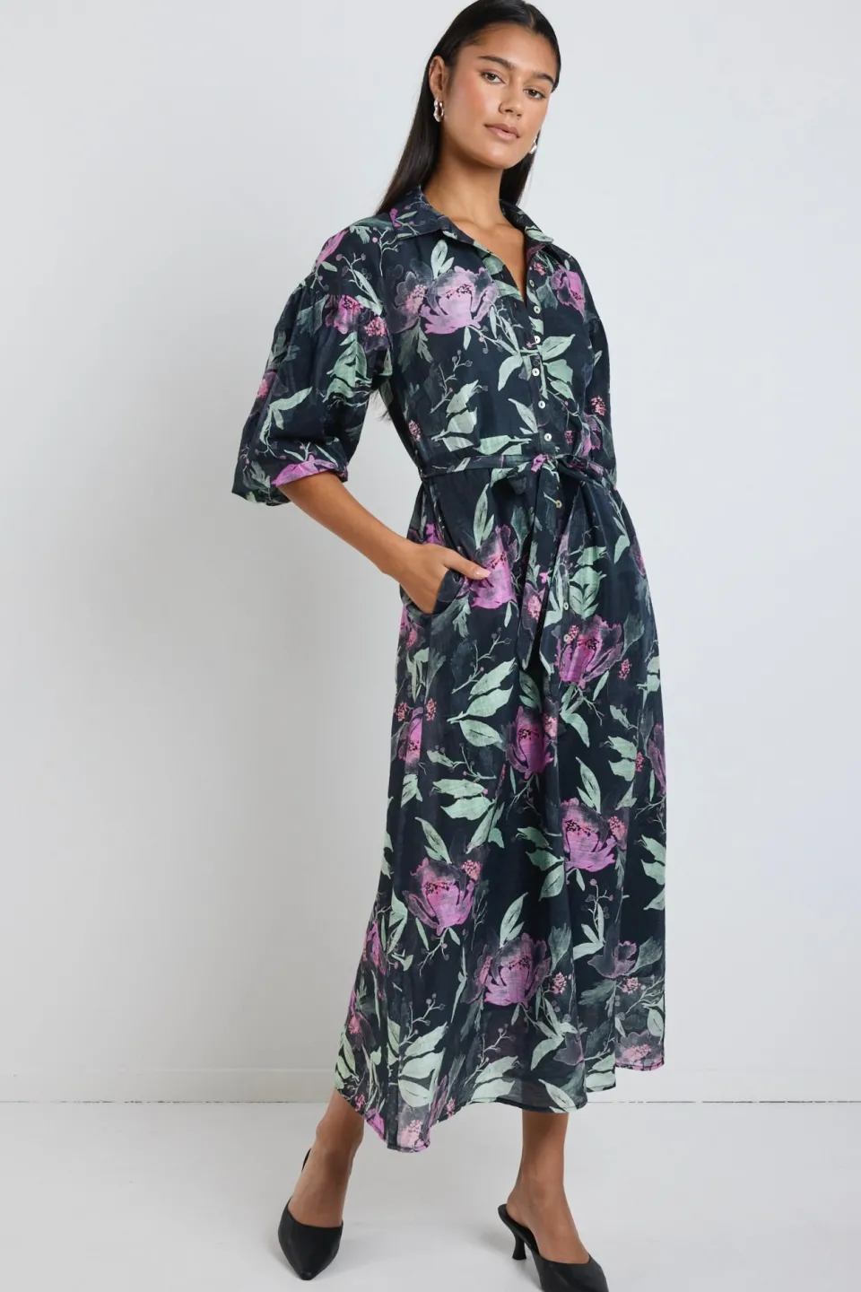 Ivy + Jack Studio Petrol Lilac Floral Balloon Sleeve Midi Shirt Dress