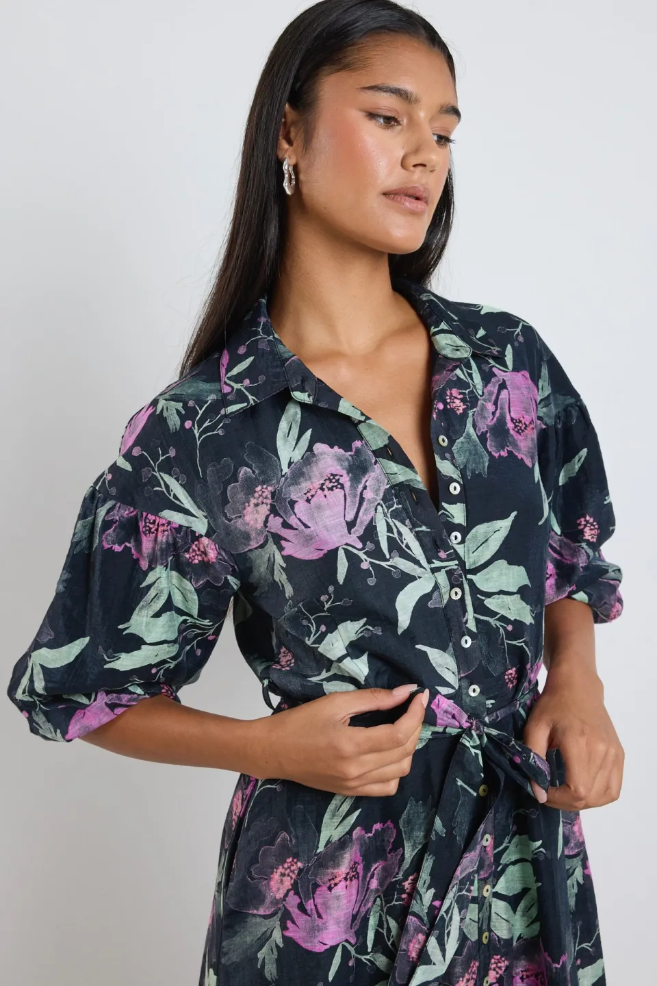 Ivy + Jack Studio Petrol Lilac Floral Balloon Sleeve Midi Shirt Dress