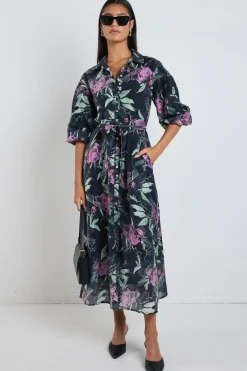 Ivy + Jack Studio Petrol Lilac Floral Balloon Sleeve Midi Shirt Dress