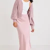 Among the Brave Stunning Blush Satin Side Split Bias Midi Skirt