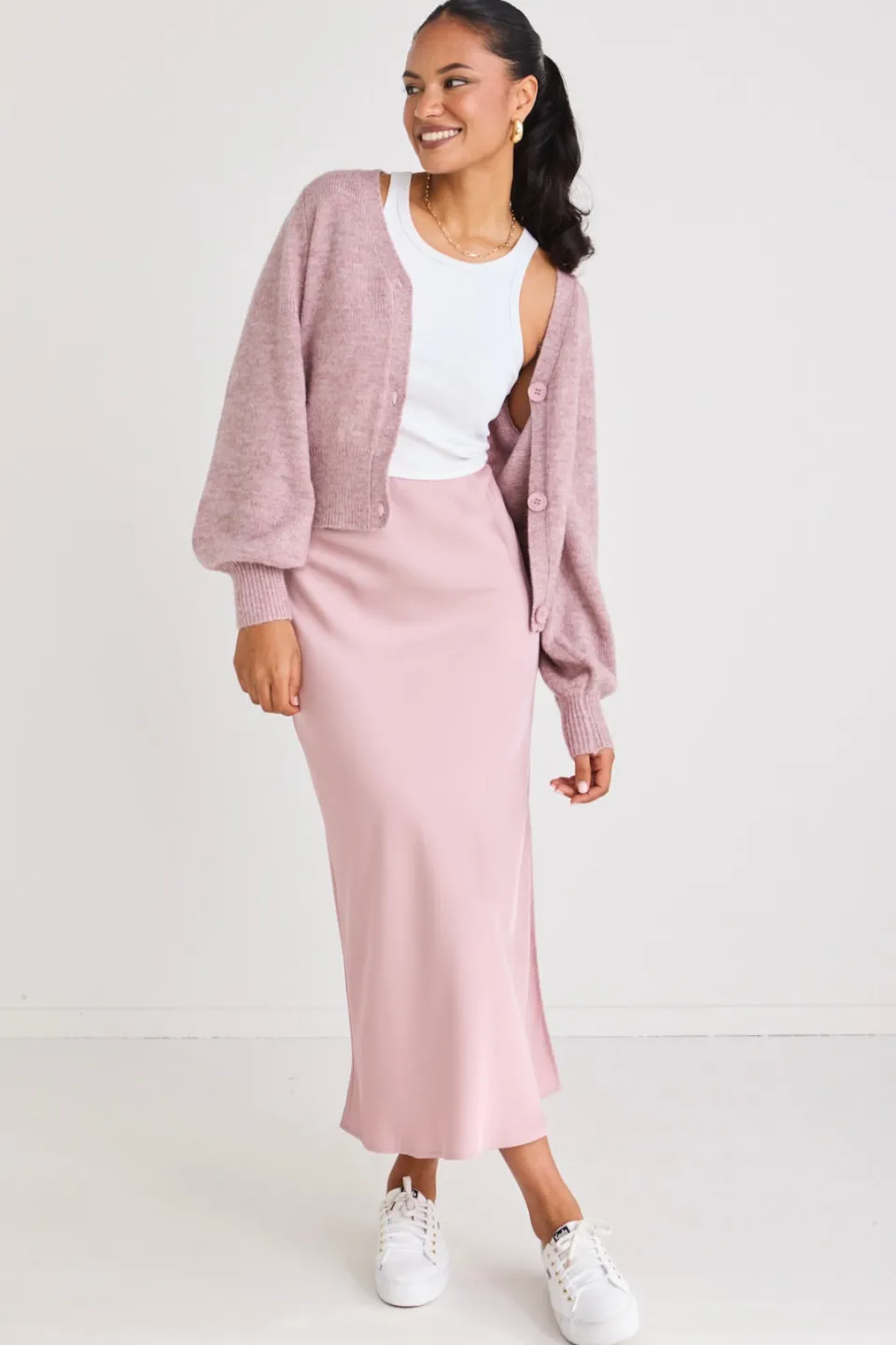 Among the Brave Stunning Blush Satin Side Split Bias Midi Skirt