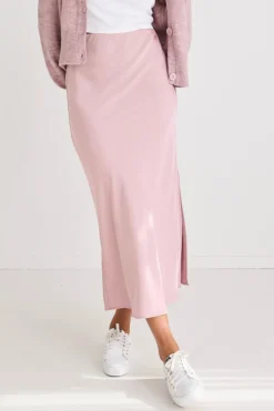 Among the Brave Stunning Blush Satin Side Split Bias Midi Skirt
