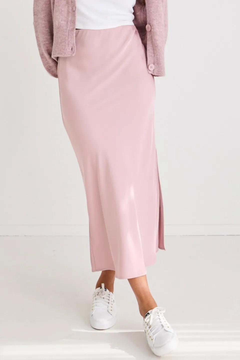Among the Brave Stunning Blush Satin Side Split Bias Midi Skirt