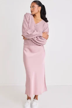 Among the Brave Stunning Blush Satin Side Split Bias Midi Skirt