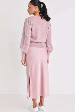 Among the Brave Stunning Blush Satin Side Split Bias Midi Skirt