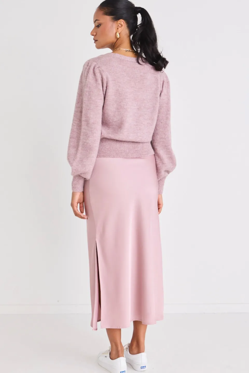 Among the Brave Stunning Blush Satin Side Split Bias Midi Skirt