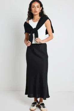 Among the Brave Summit Black Linen Blend Tie Waist Bias Maxi Skirt