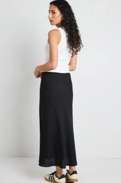 Among the Brave Summit Black Linen Blend Tie Waist Bias Maxi Skirt