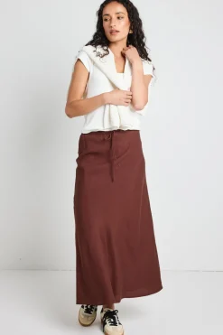 Among the Brave Summit Chocolate Linen Blend Tie Waist Bias Maxi Skirt