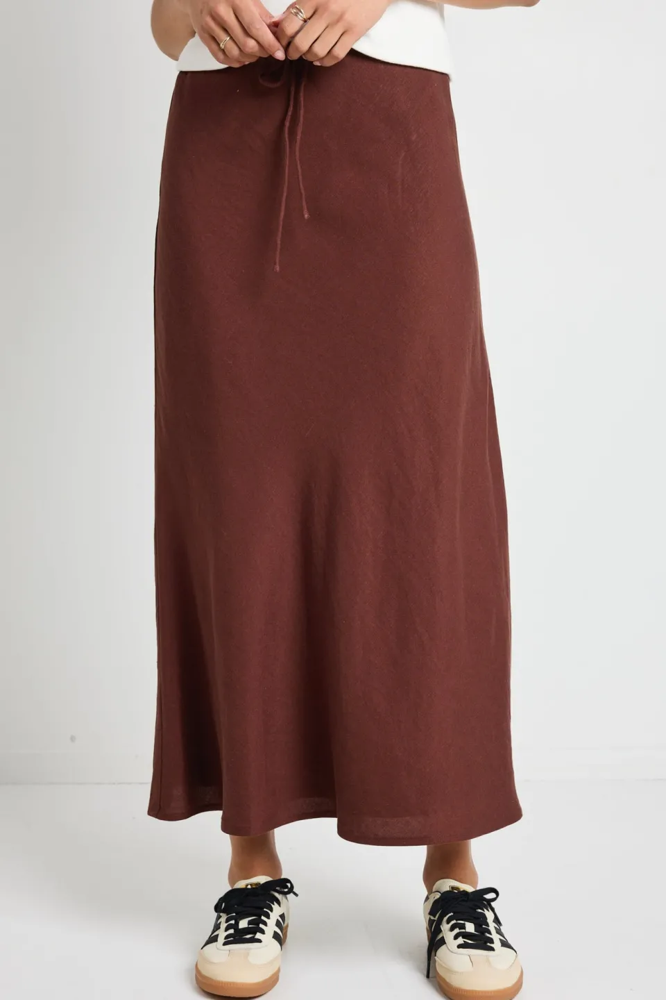 Among the Brave Summit Chocolate Linen Blend Tie Waist Bias Maxi Skirt