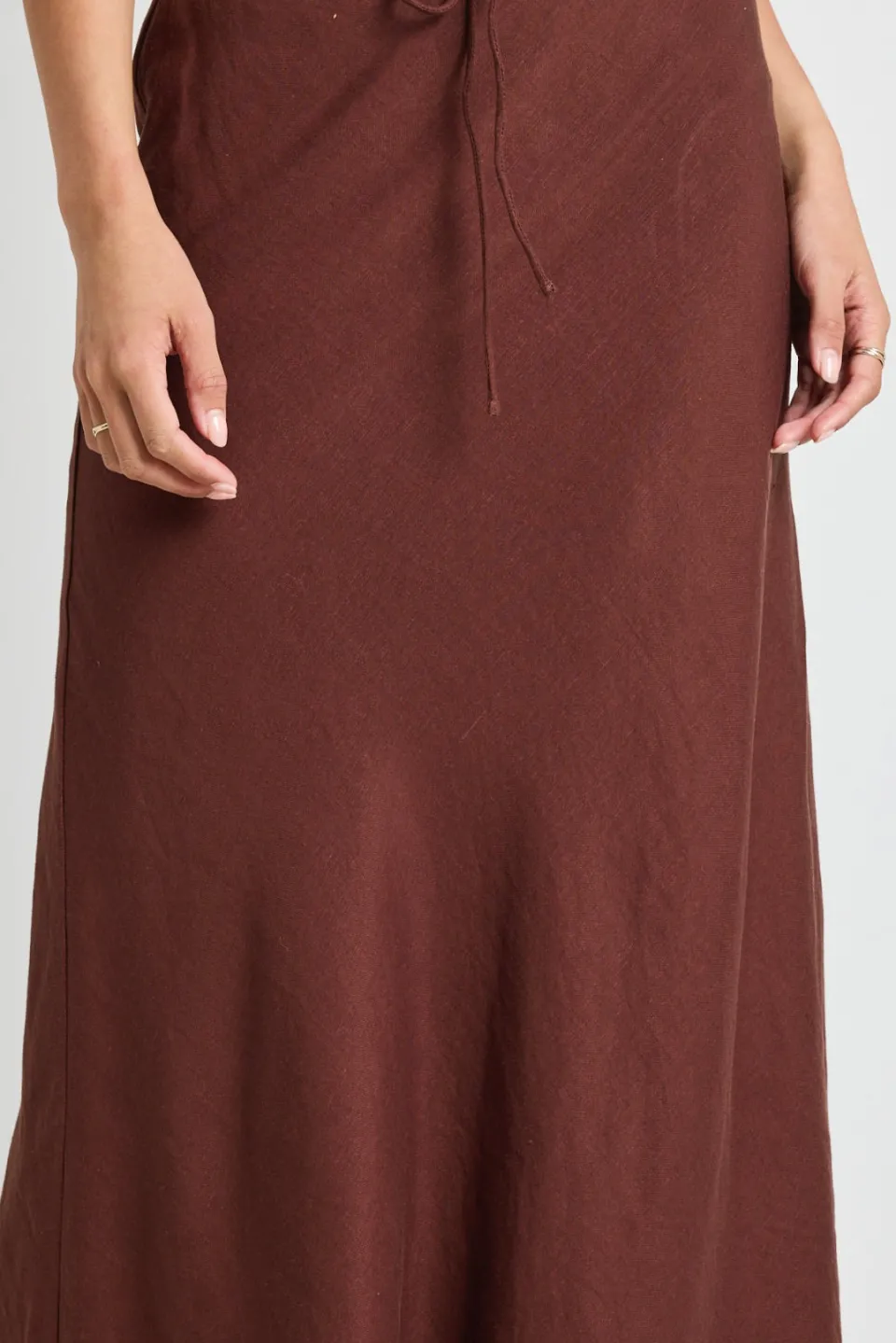 Among the Brave Summit Chocolate Linen Blend Tie Waist Bias Maxi Skirt