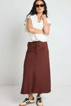 Among the Brave Summit Chocolate Linen Blend Tie Waist Bias Maxi Skirt