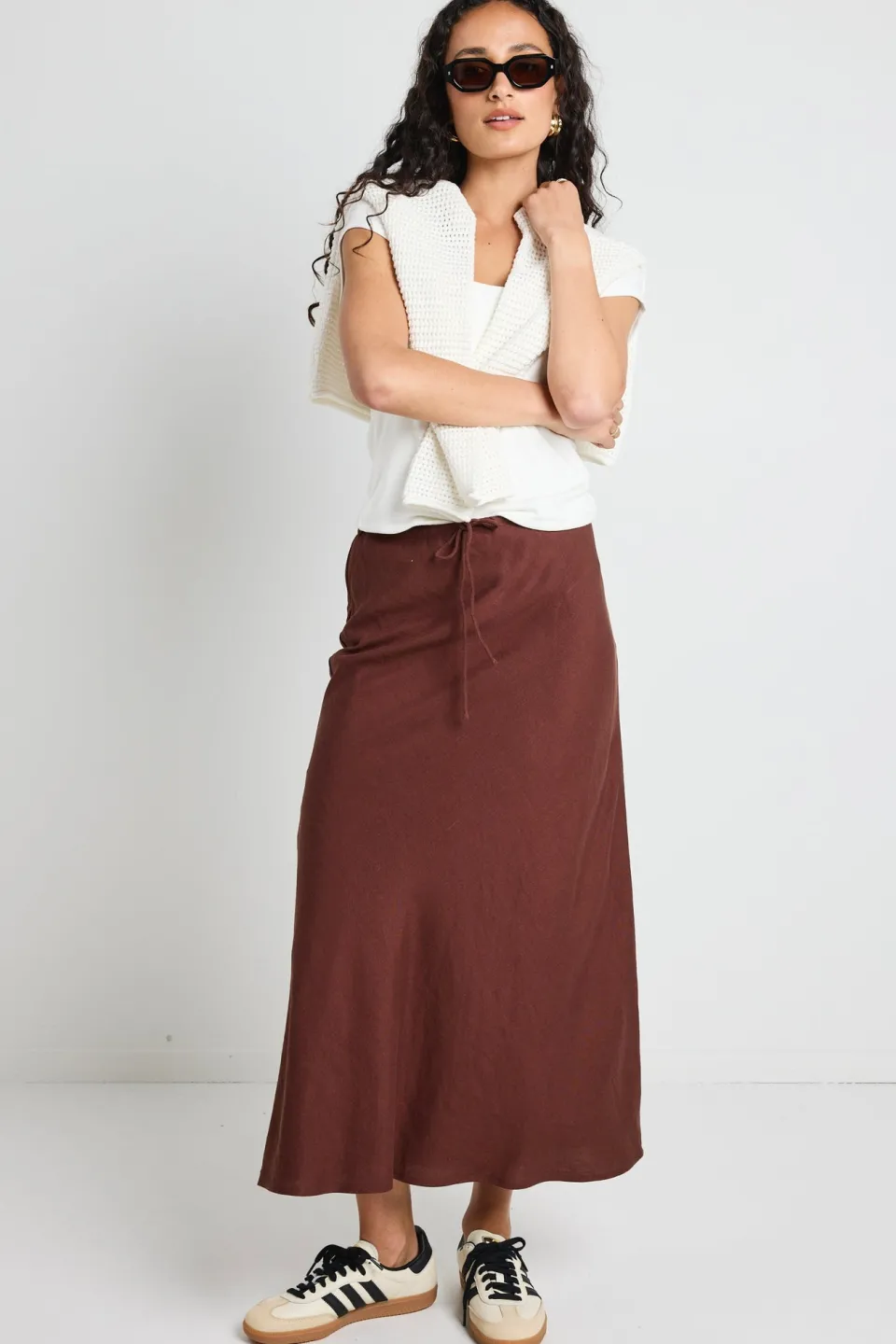 Among the Brave Summit Chocolate Linen Blend Tie Waist Bias Maxi Skirt