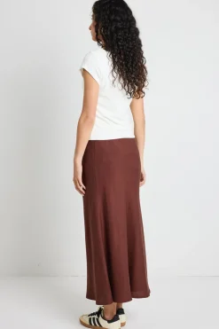 Among the Brave Summit Chocolate Linen Blend Tie Waist Bias Maxi Skirt