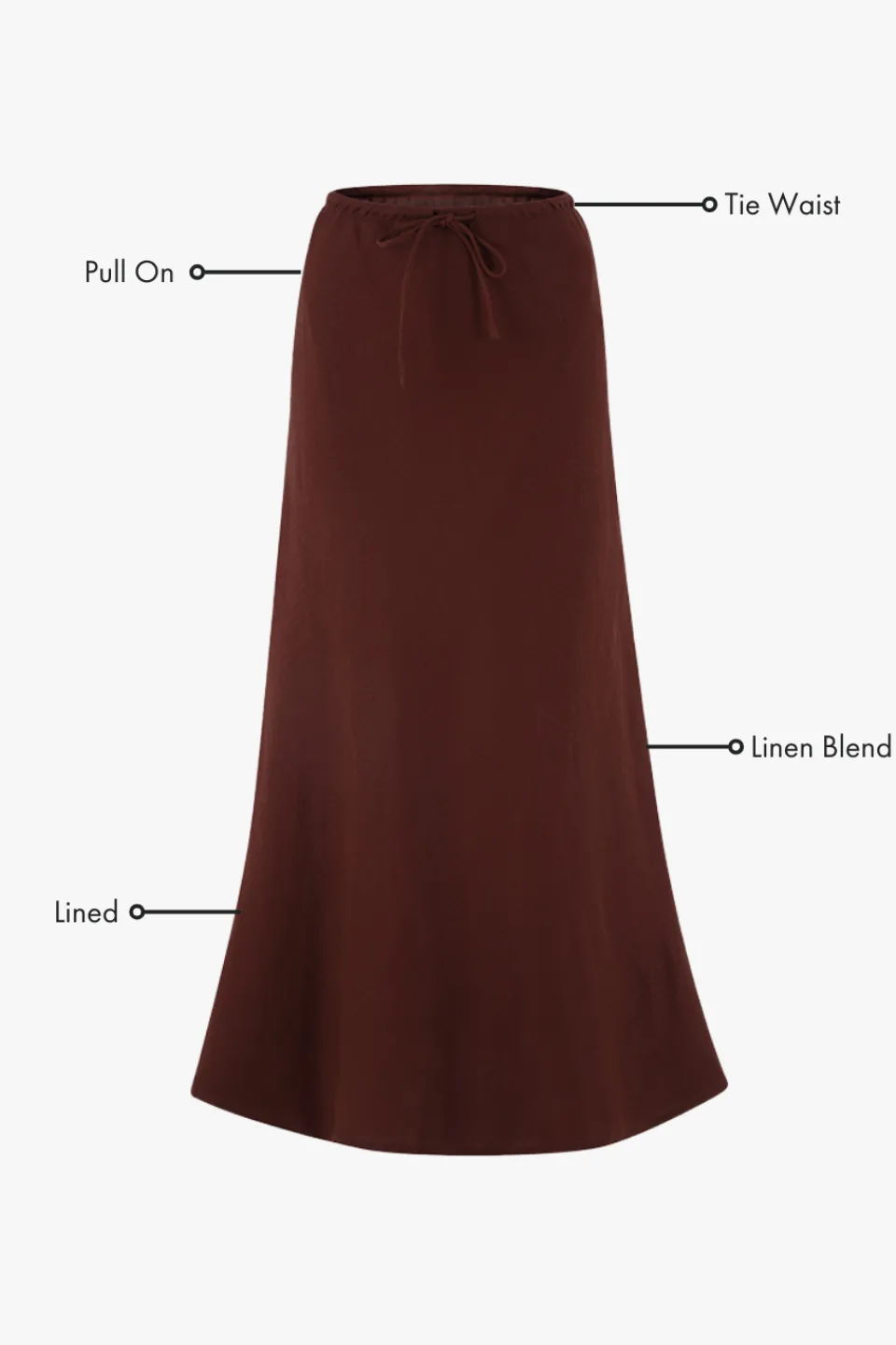Among the Brave Summit Chocolate Linen Blend Tie Waist Bias Maxi Skirt