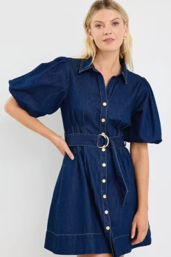 Among the Brave Sundown Indigo Denim Puff Sleeve Mini Shirt Dress
