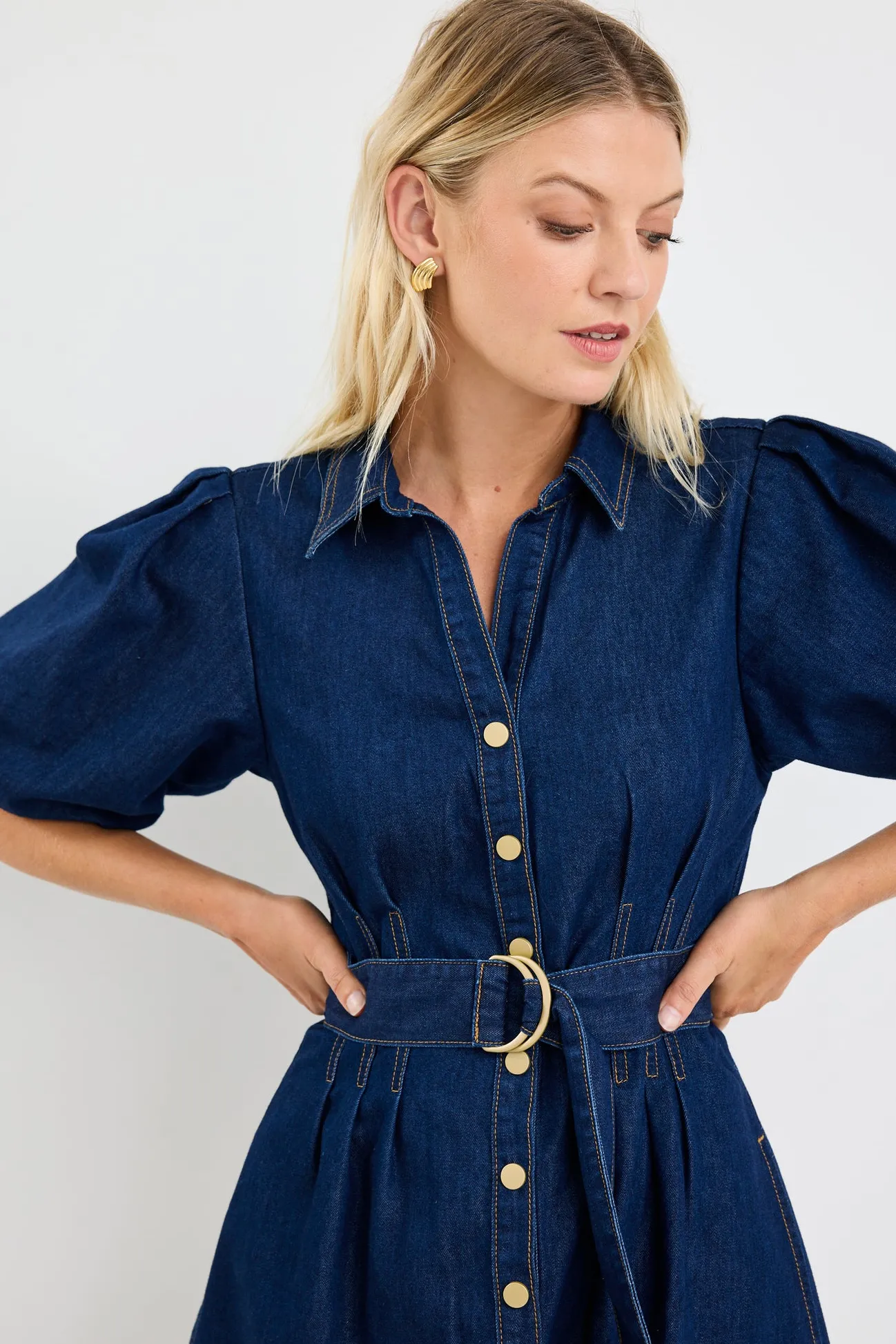Among the Brave Sundown Indigo Denim Puff Sleeve Mini Shirt Dress