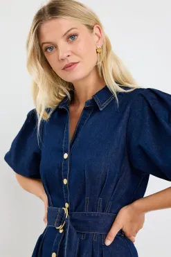 Among the Brave Sundown Indigo Denim Puff Sleeve Mini Shirt Dress