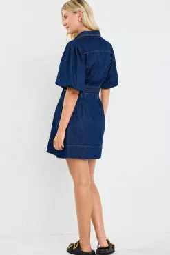 Among the Brave Sundown Indigo Denim Puff Sleeve Mini Shirt Dress