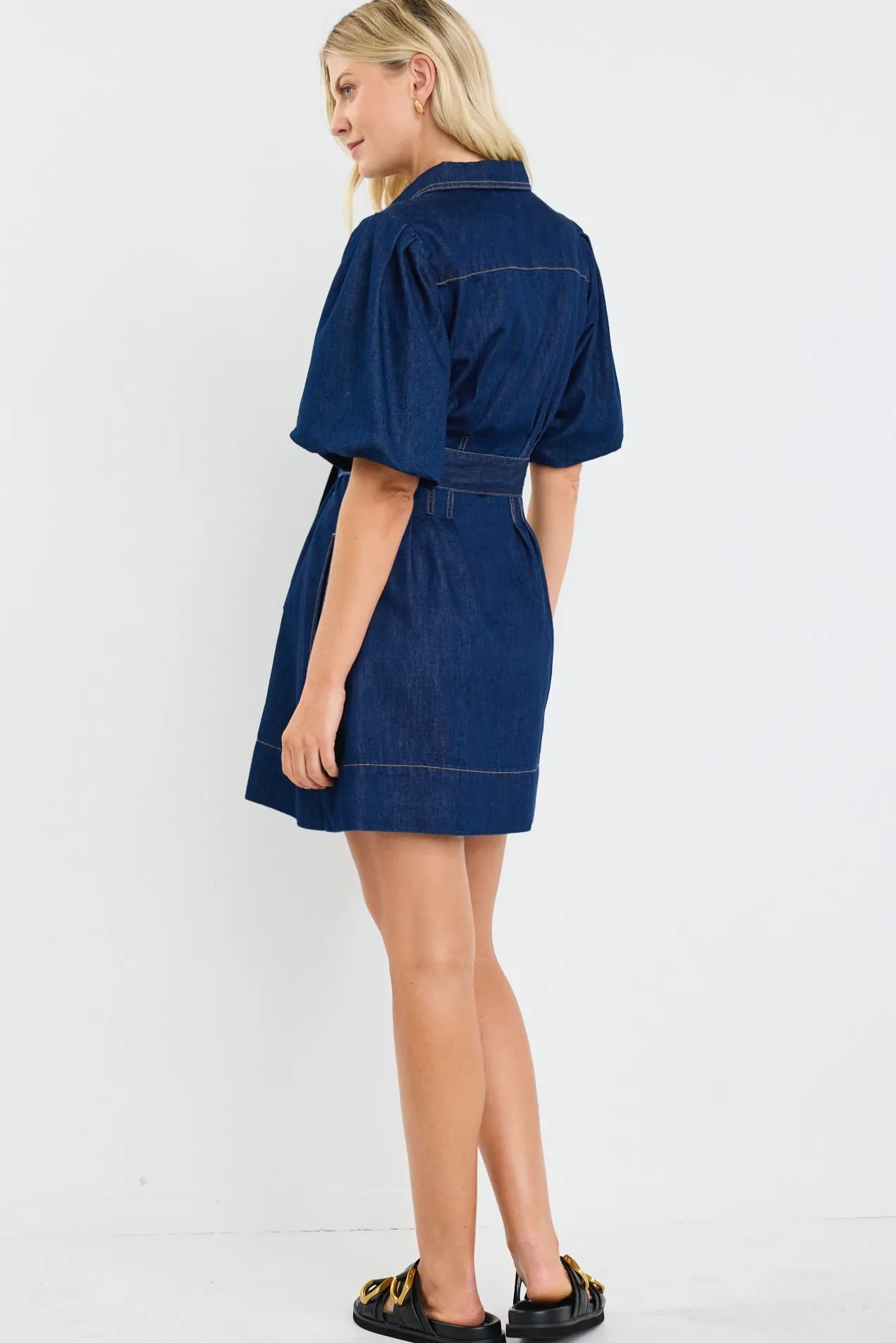 Among the Brave Sundown Indigo Denim Puff Sleeve Mini Shirt Dress
