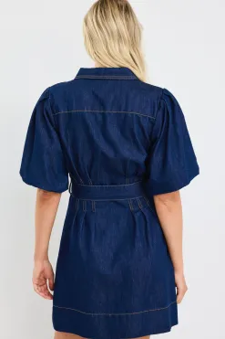 Among the Brave Sundown Indigo Denim Puff Sleeve Mini Shirt Dress