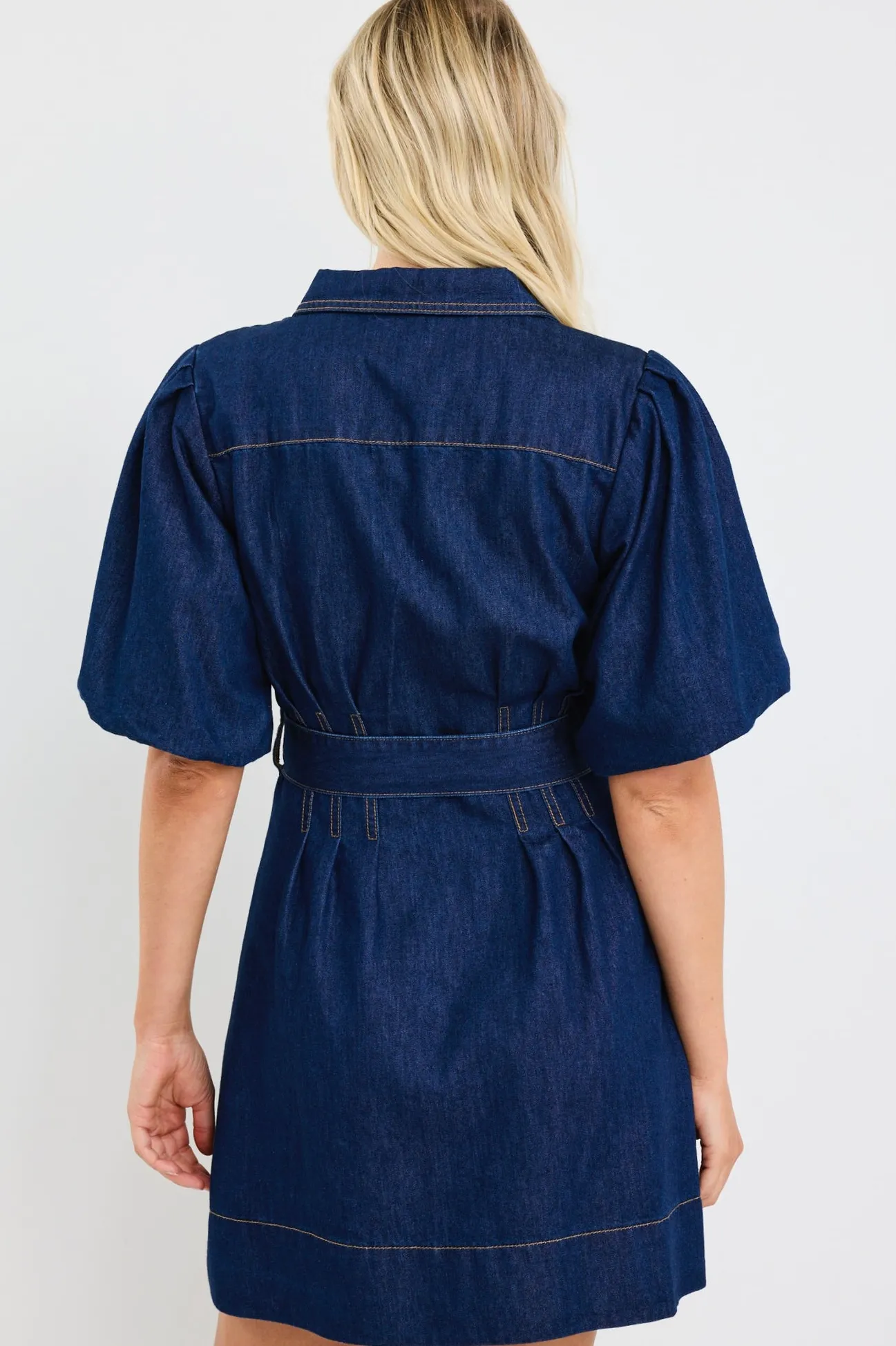 Among the Brave Sundown Indigo Denim Puff Sleeve Mini Shirt Dress