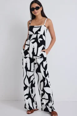 Stories be Told Sunkissed Black Ivory Cutout Print Split Hem Cami Top