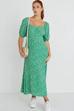 Among the Brave Sweetheart Green Ditsy Smocked Bodice SS Midi Dress