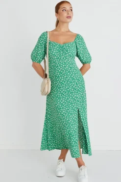 Among the Brave Sweetheart Green Ditsy Smocked Bodice SS Midi Dress