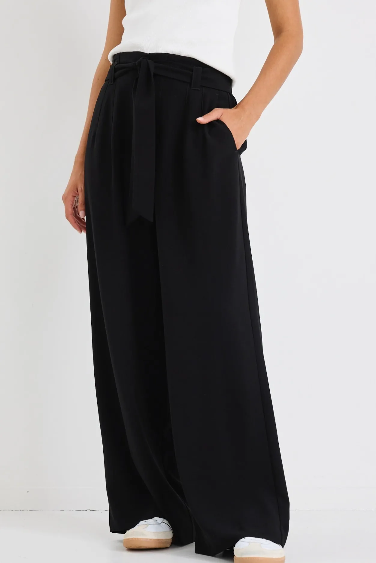 Stories be Told Sydney Black Crepe Wide Leg Tie Belt Pant