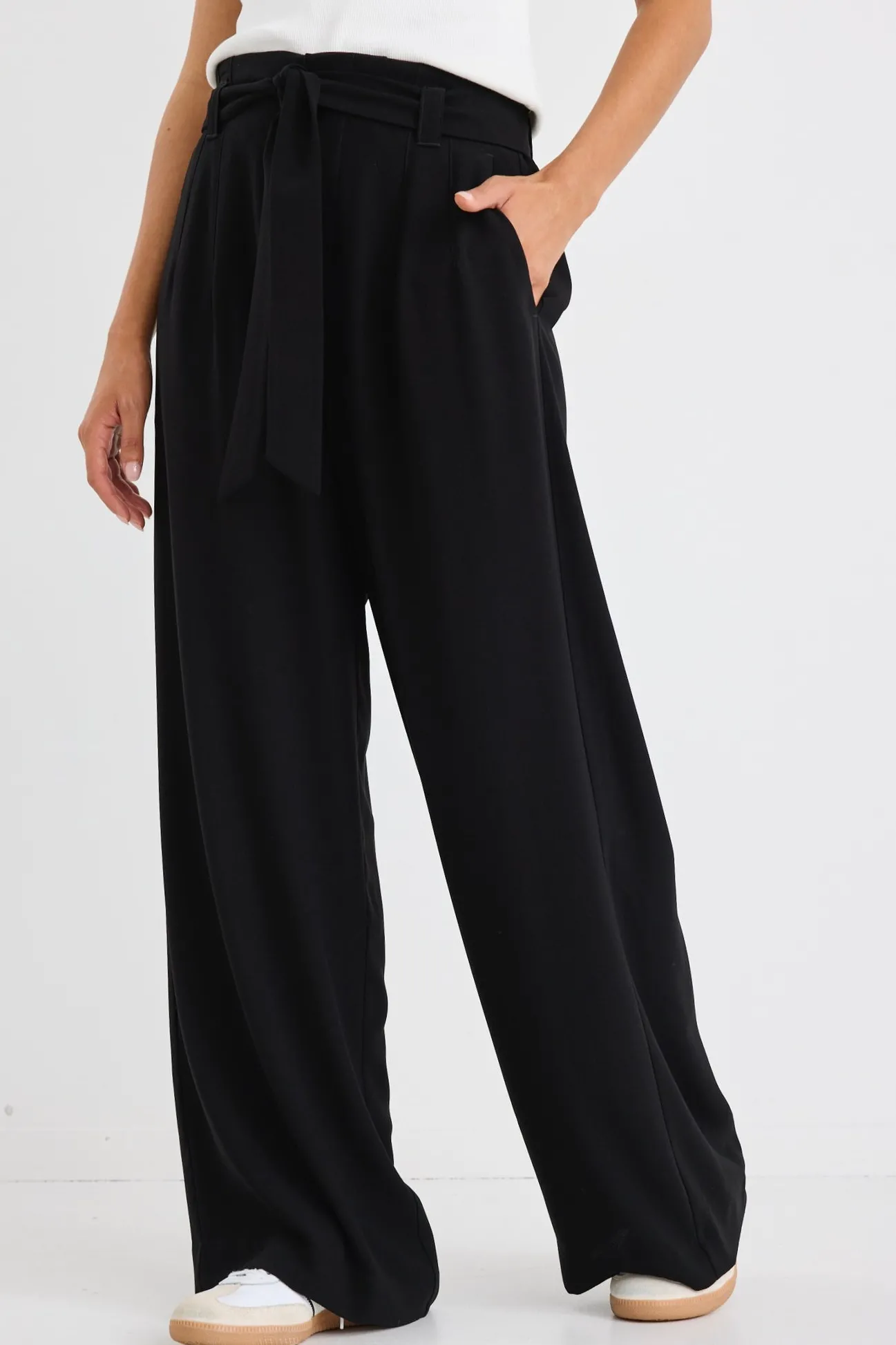 Stories be Told Sydney Black Crepe Wide Leg Tie Belt Pant