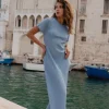 Stories be Told Taken Ocean Blue Crew Neck SS Knit Maxi Dress