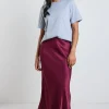 Stories be Told Talent Burgundy Satin Bias Midi Skirt
