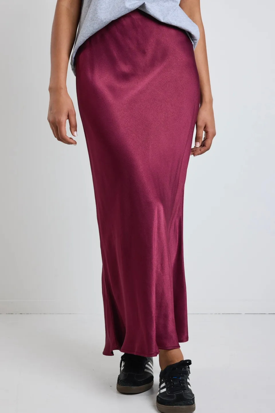 Stories be Told Talent Burgundy Satin Bias Midi Skirt