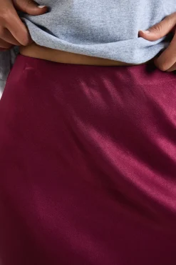 Stories be Told Talent Burgundy Satin Bias Midi Skirt