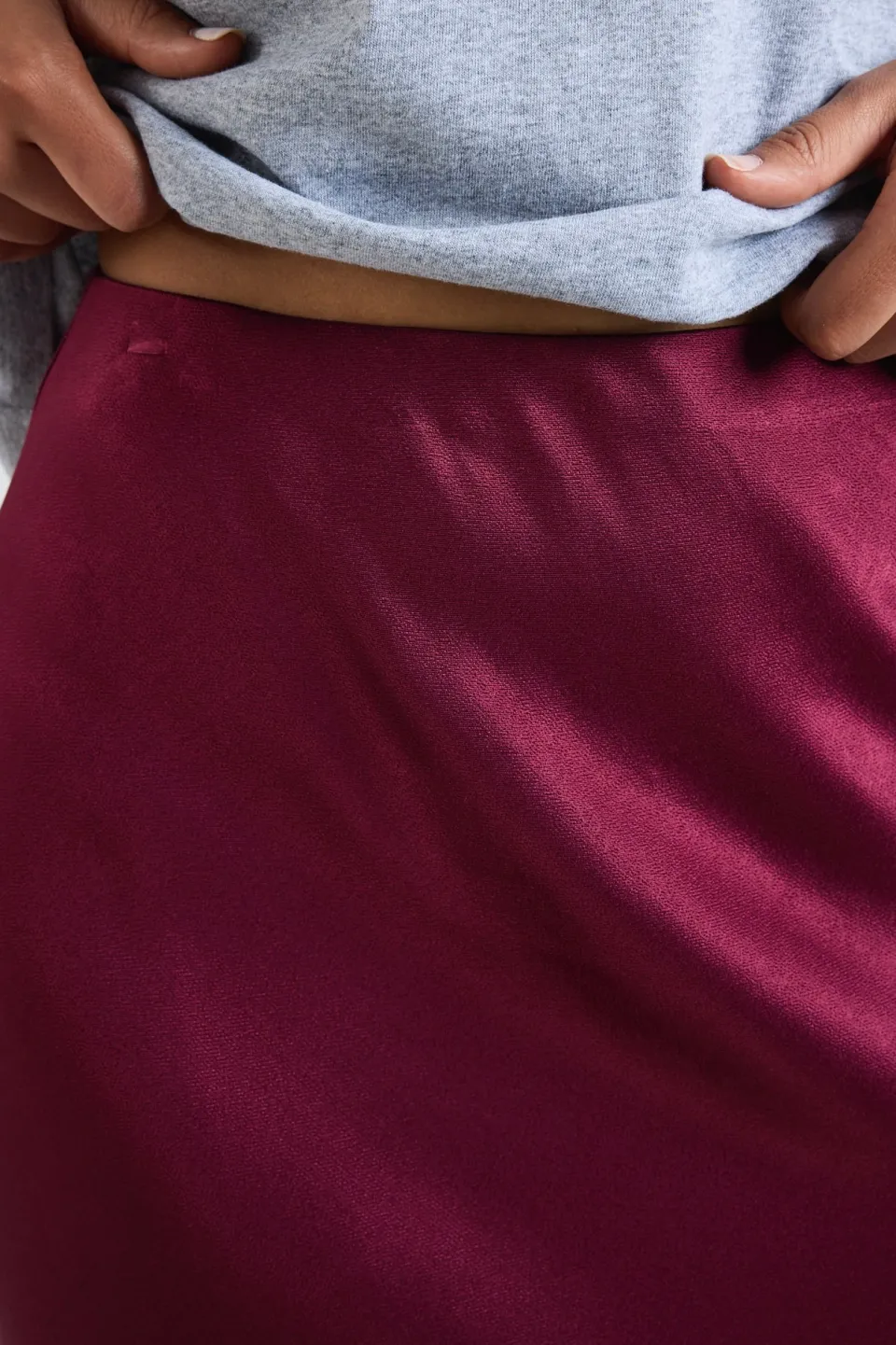 Stories be Told Talent Burgundy Satin Bias Midi Skirt