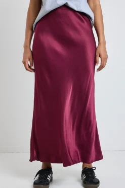 Stories be Told Talent Burgundy Satin Bias Midi Skirt