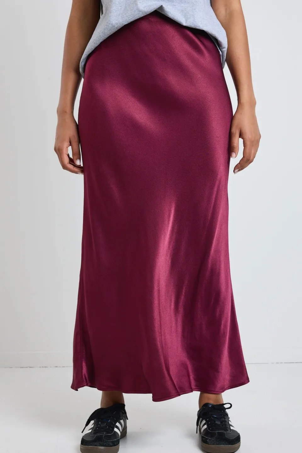 Stories be Told Talent Burgundy Satin Bias Midi Skirt