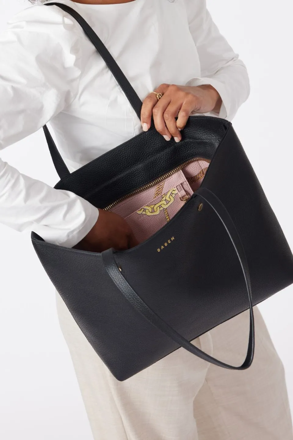 Saben Tilbury Black + Chain Print Leather Shoulder Bag