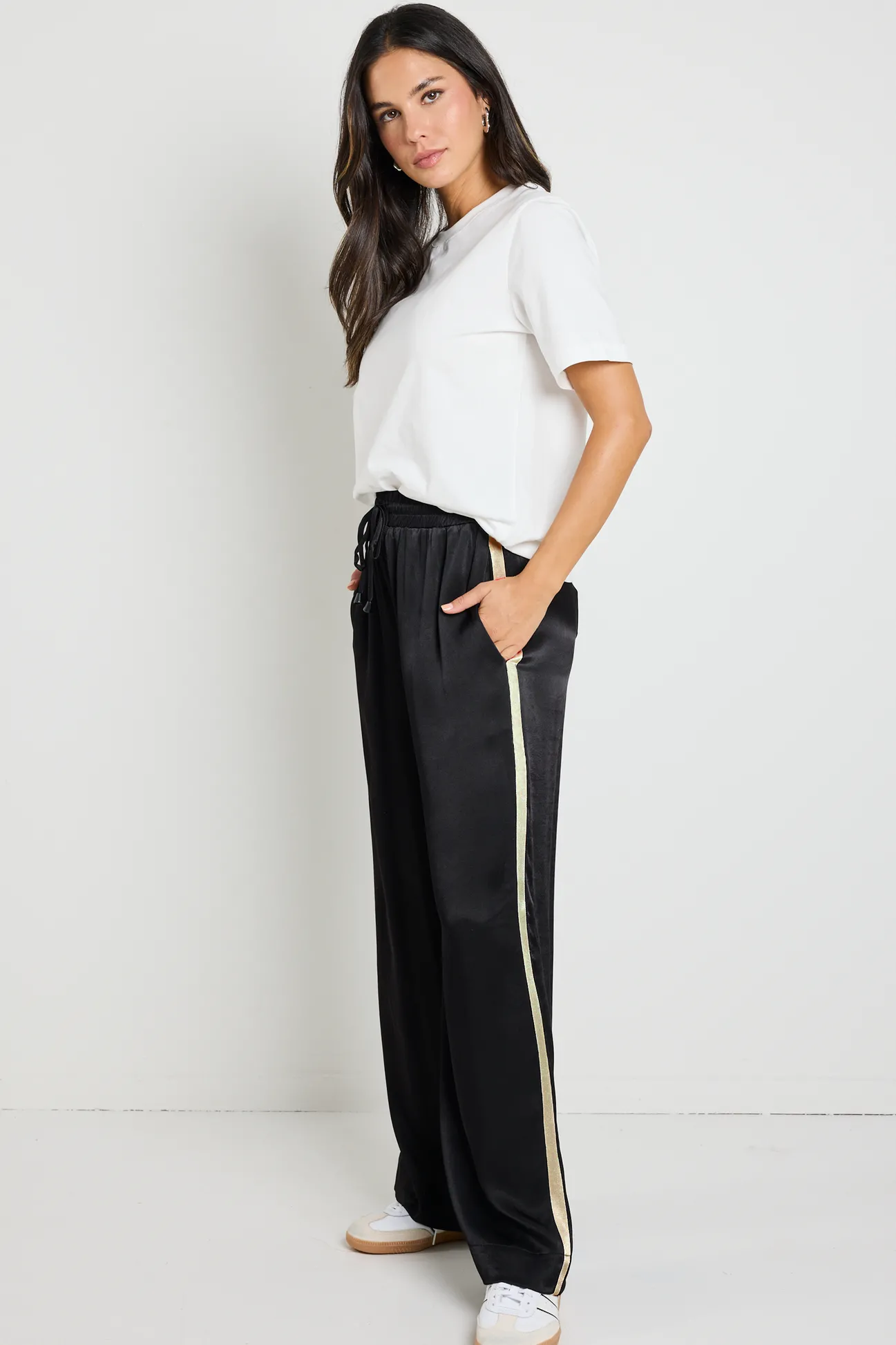 Stories be Told Townie Black Satin Side Stripe Elastic Waist Pants