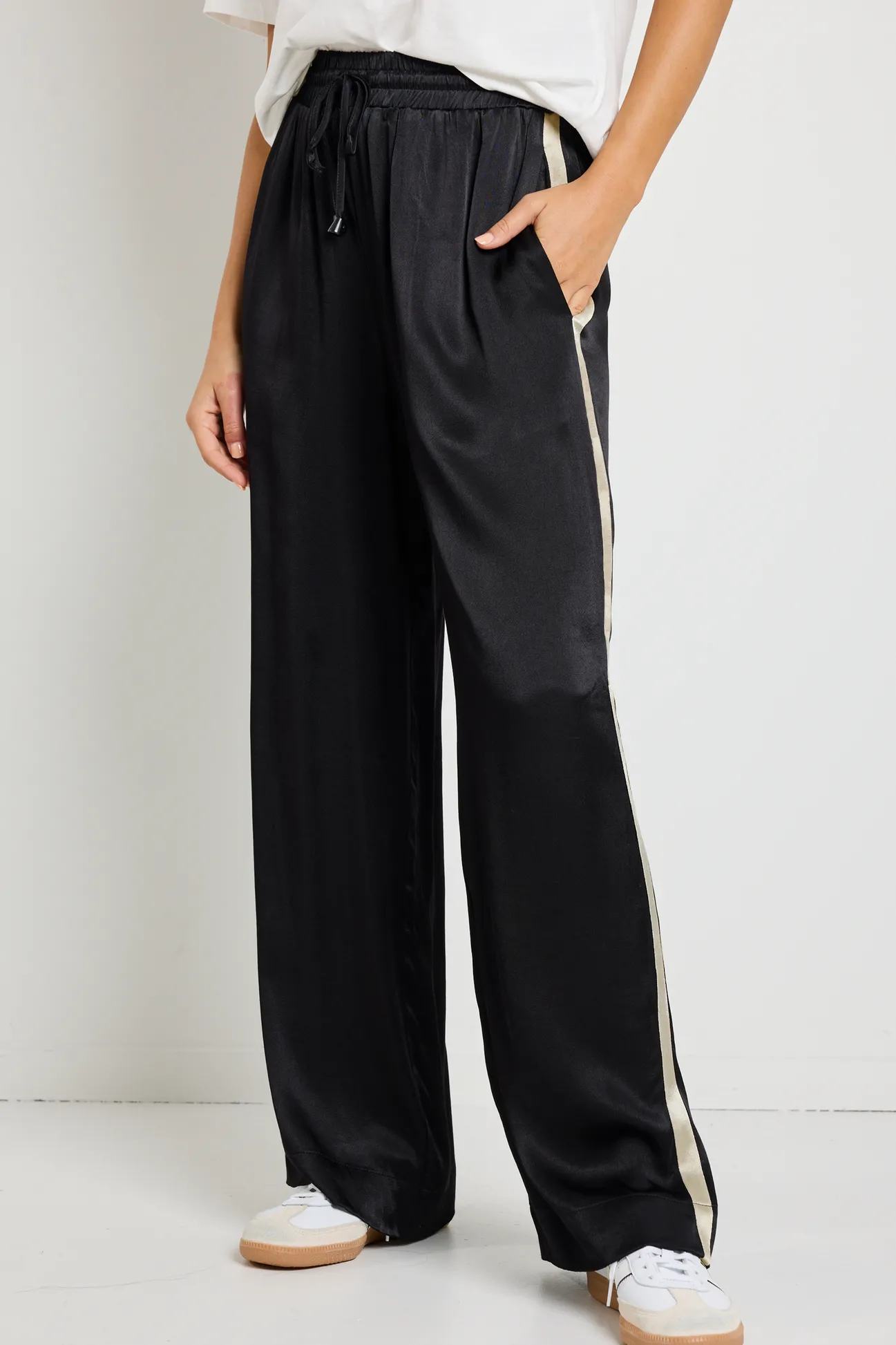Stories be Told Townie Black Satin Side Stripe Elastic Waist Pants