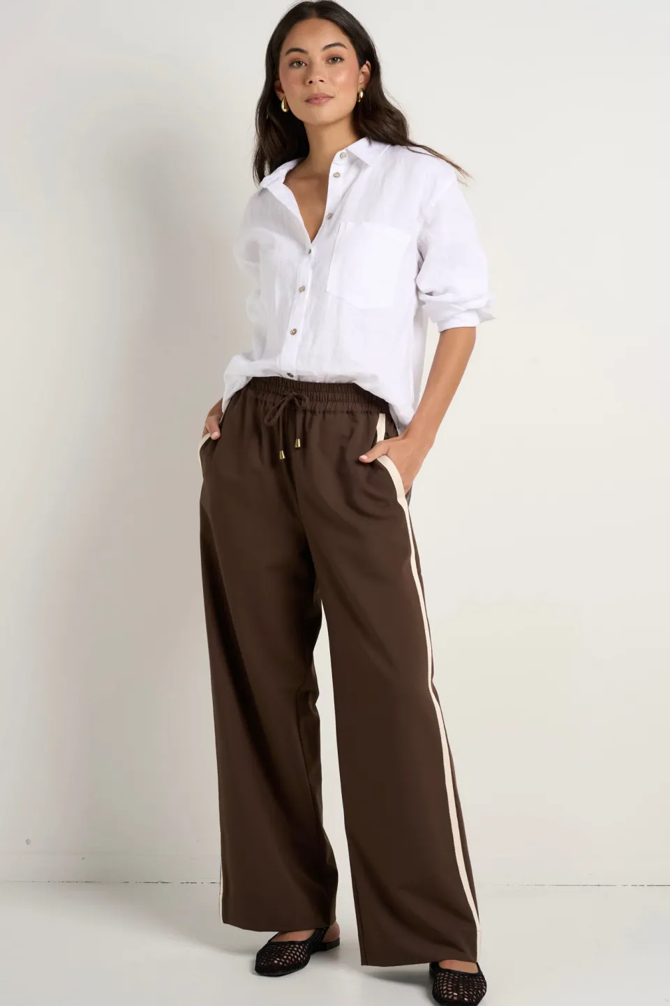 Stories be Told Townie Chocolate Stripe Side Tape Wide Leg Pants