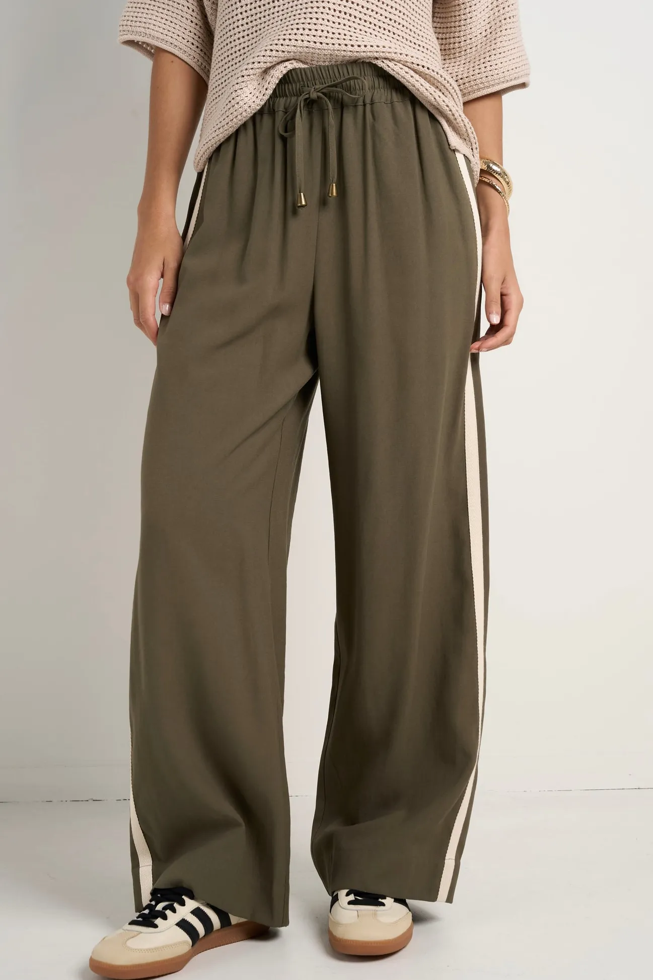 Stories be Told Townie Olive Stripe Side Tape Wide Leg Pants